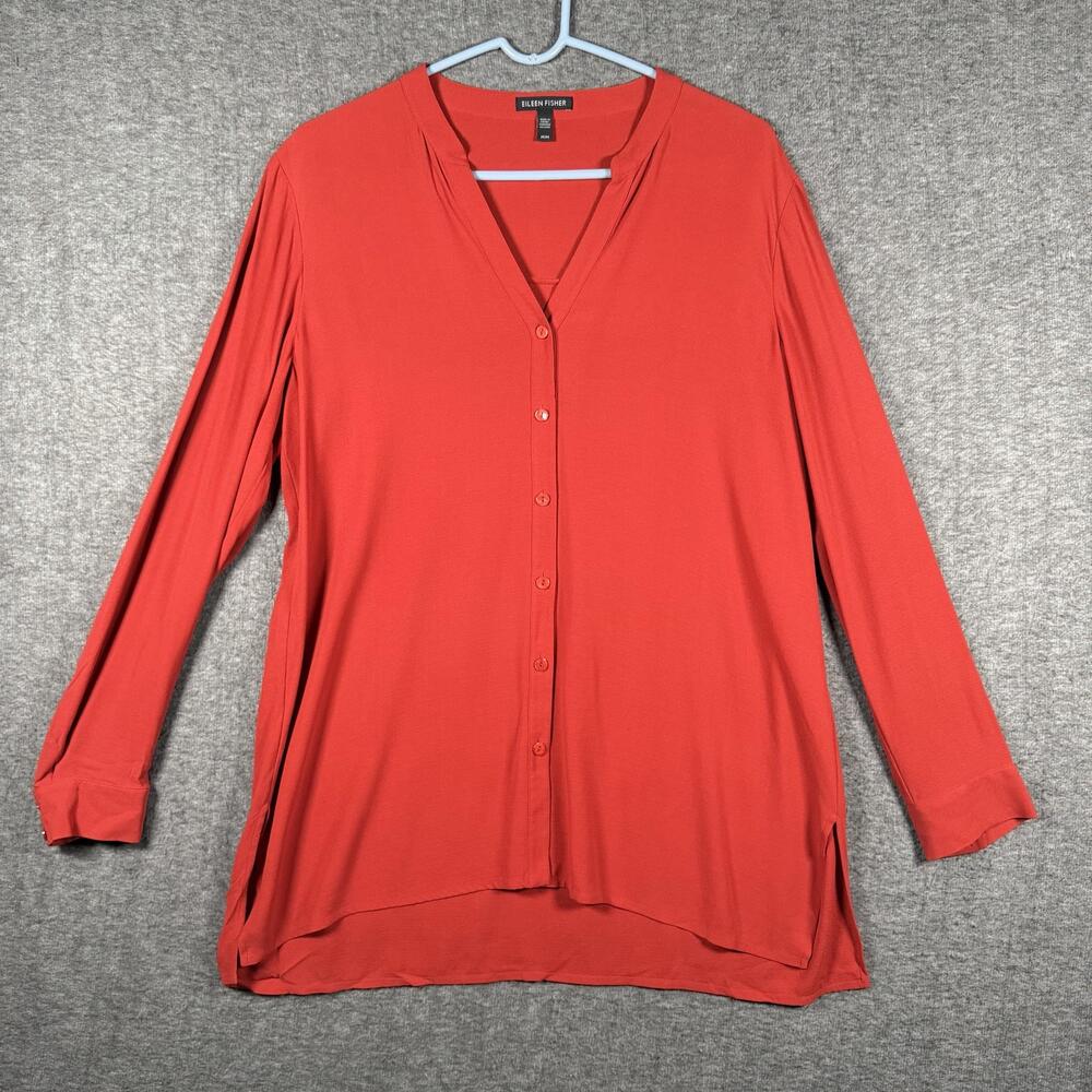 Eileen Fisher Tunic Blouse Womens Medium Red 100% Silk Long Sleeve Button Front